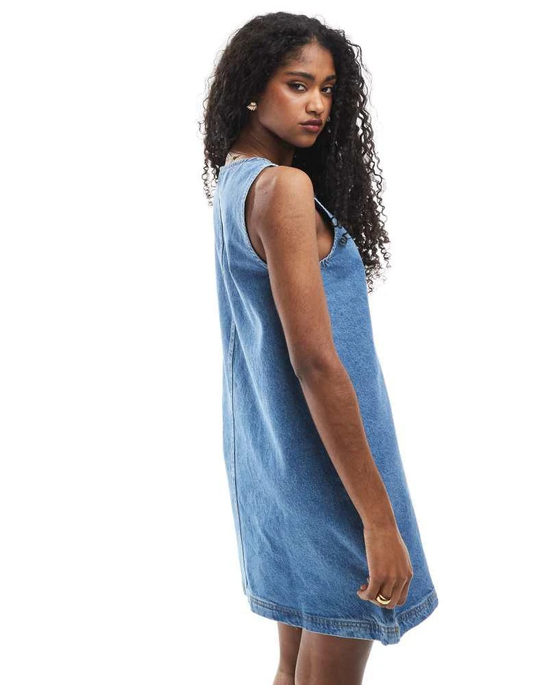 ASOS ASOS DESIGN denim shift mini dress with button detail in mid blue 3
