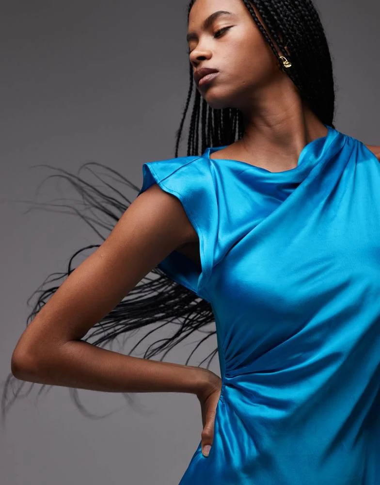 Topshop Topshop grown on shoulder ruched waist mini dress in blue satin 3