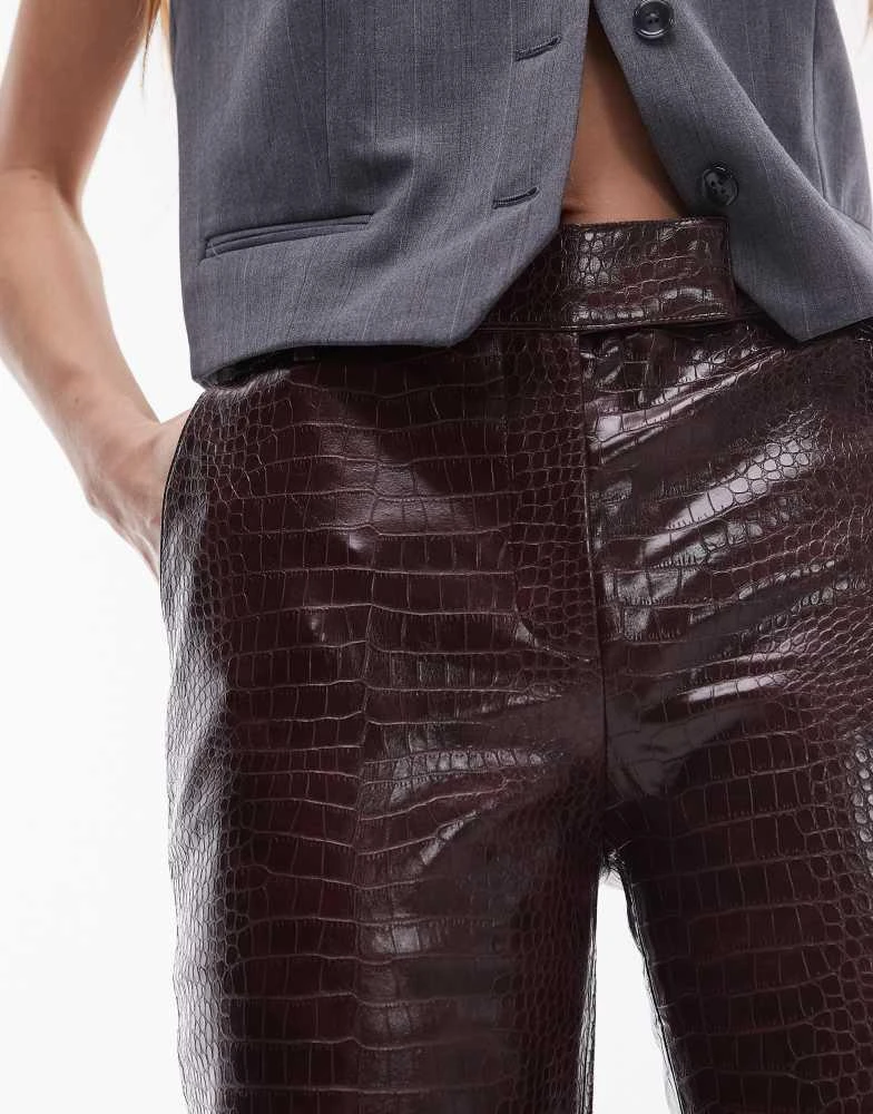 Mango Mango leather look croc flare trousers co-ord in burgundy 2