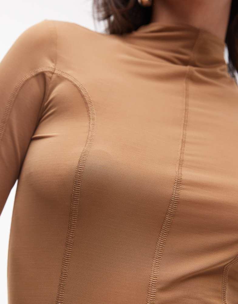 & Other Stories & Other Stories semi sheer jersey top with  mock neck and seam detail in light brown