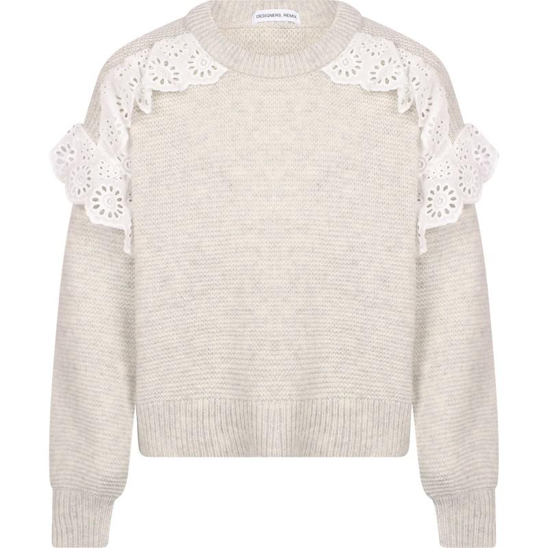 Designers Remix Girls Lace detail knitted wool sweater in oatmeal