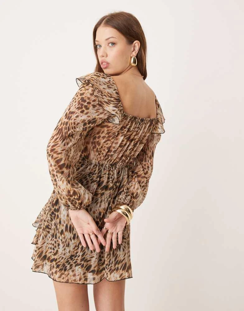 New Look New Look frill chiffon mini dress in leopard print 4
