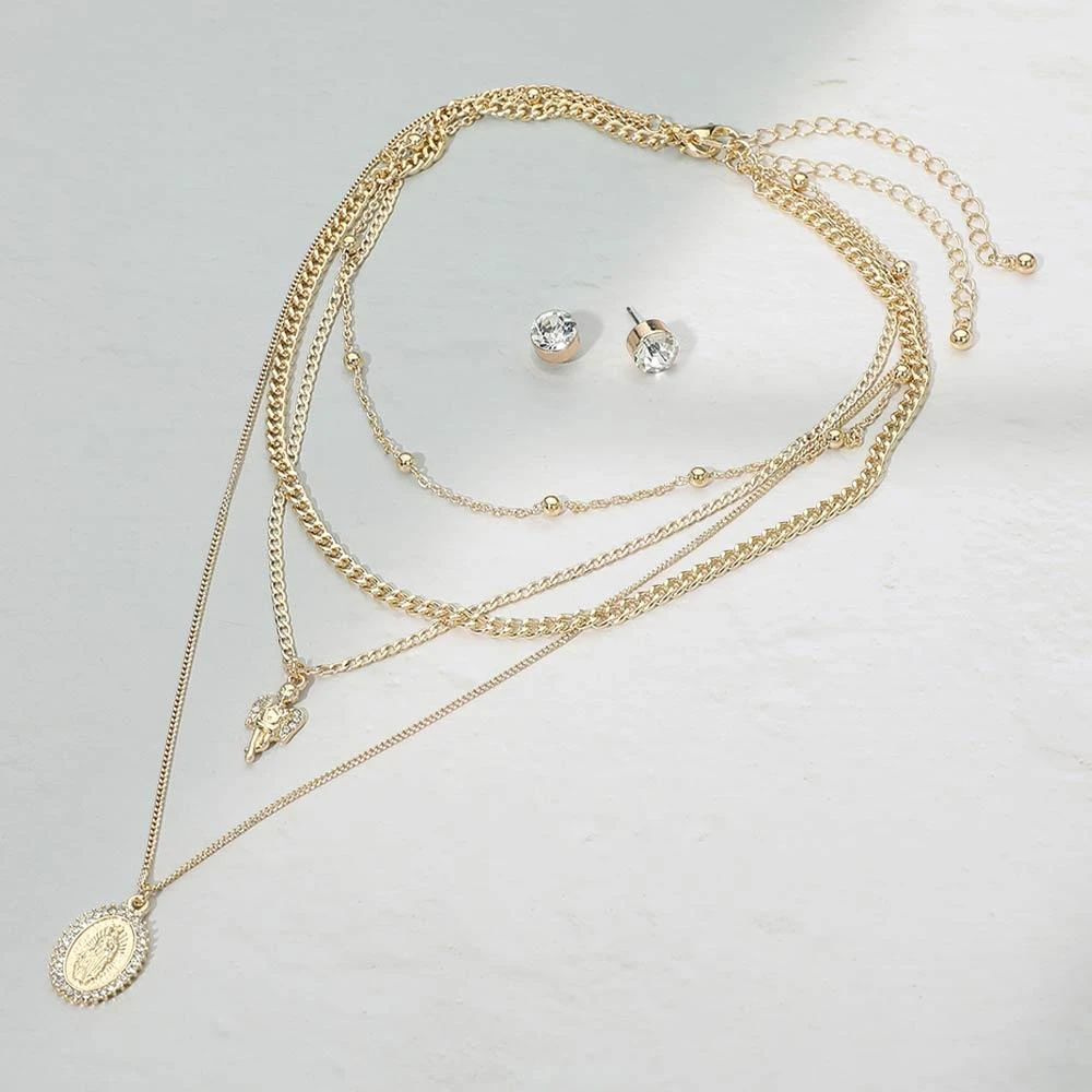 FASHNZFAB 2PCS - Layered Religious Oval Coin Angel Pendant Chain Necklaces