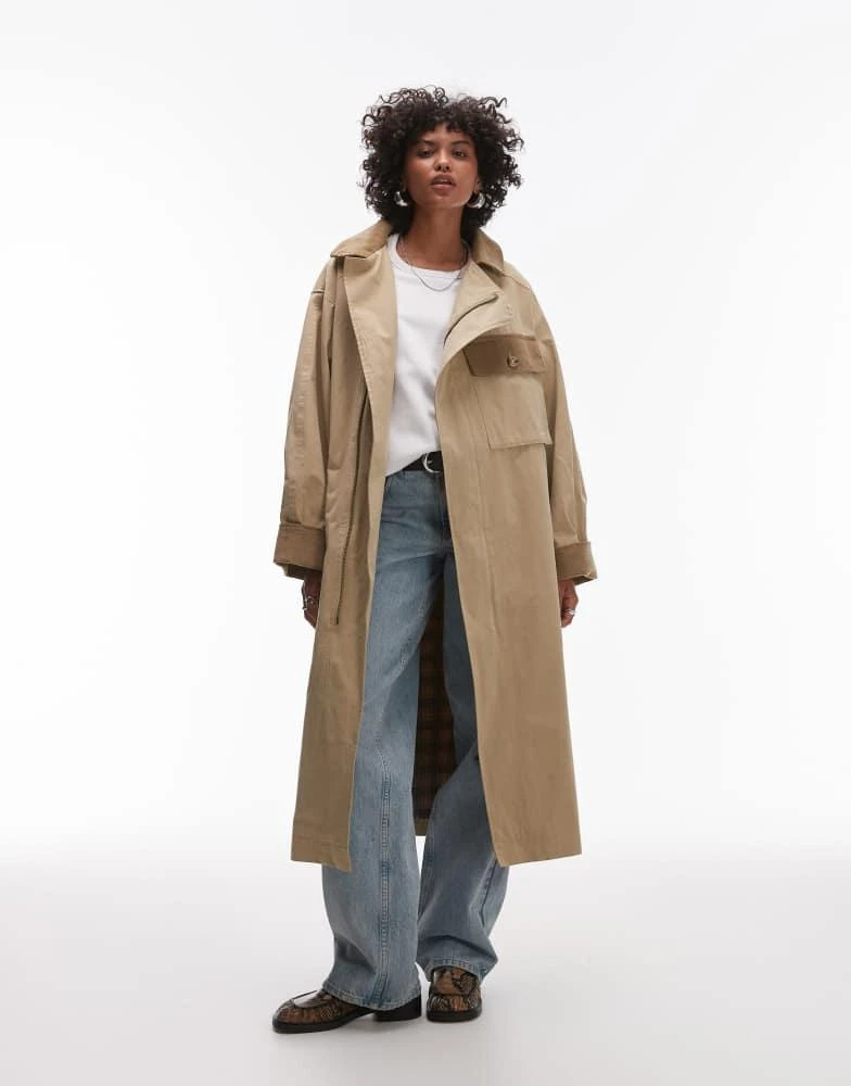 Topshop Topshop heritage trench coat with check lining in camel 1
