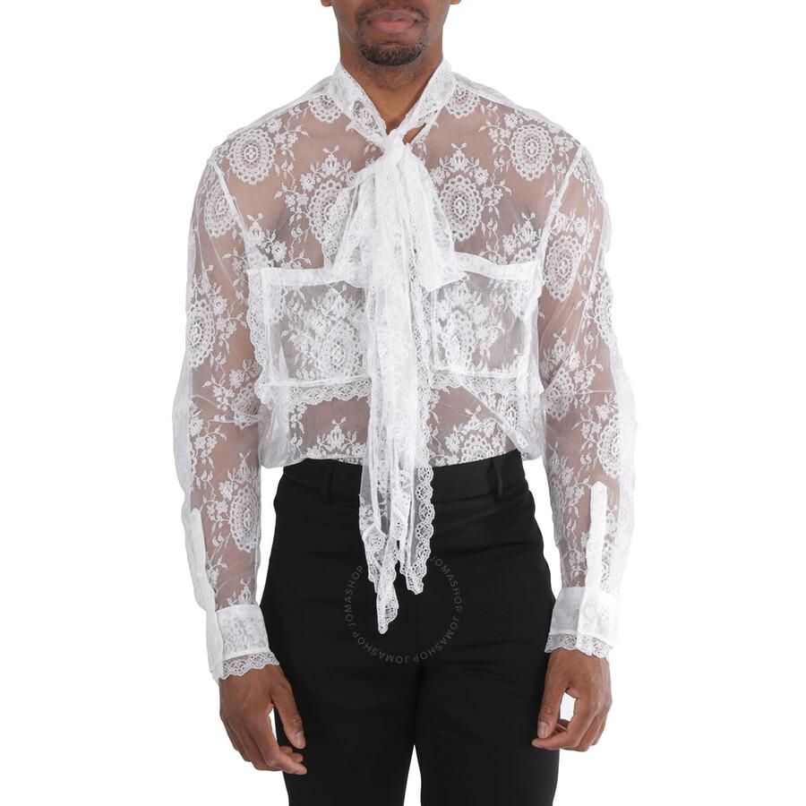 Burberry Optic White Oversized Tie-Neck Chantilly Lace Shirt