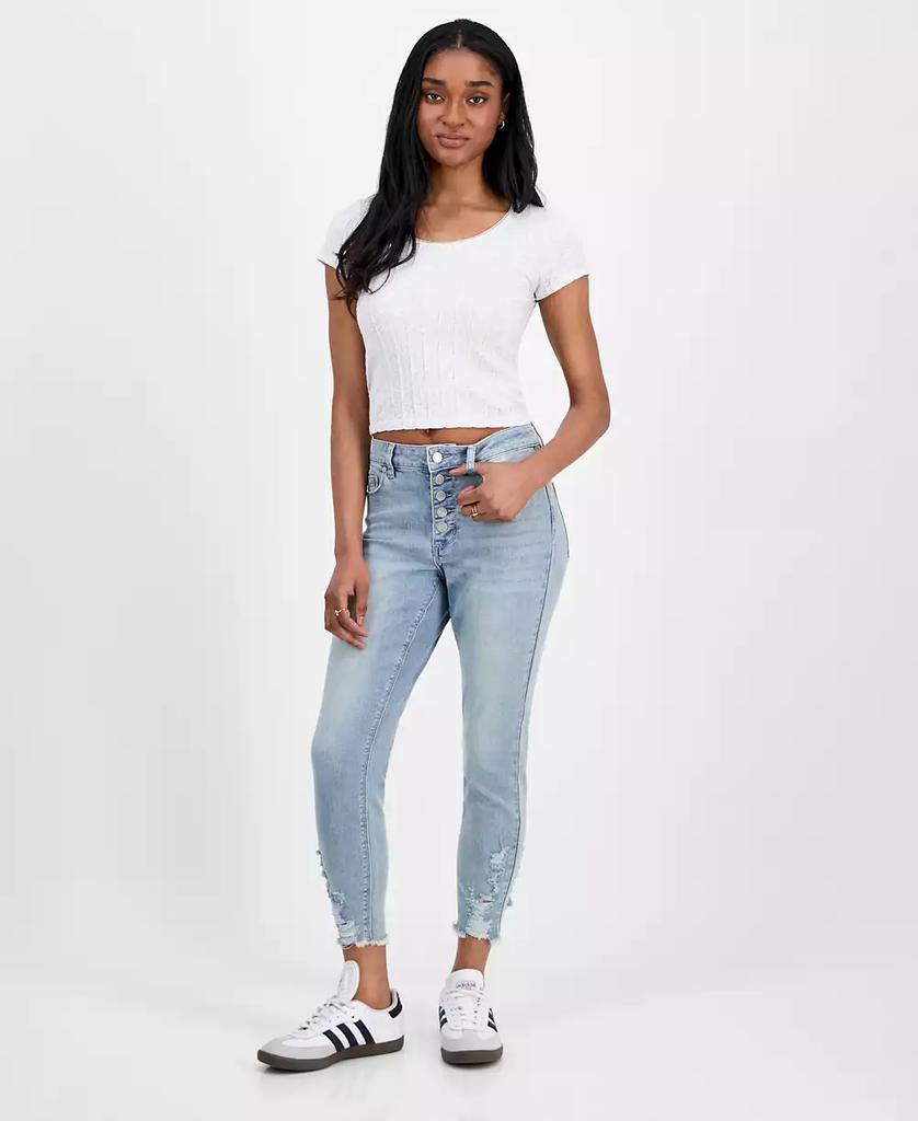 Indigo Rein Juniors' Mid Rise Button Fly Distressed Cropped Curvy Jeans