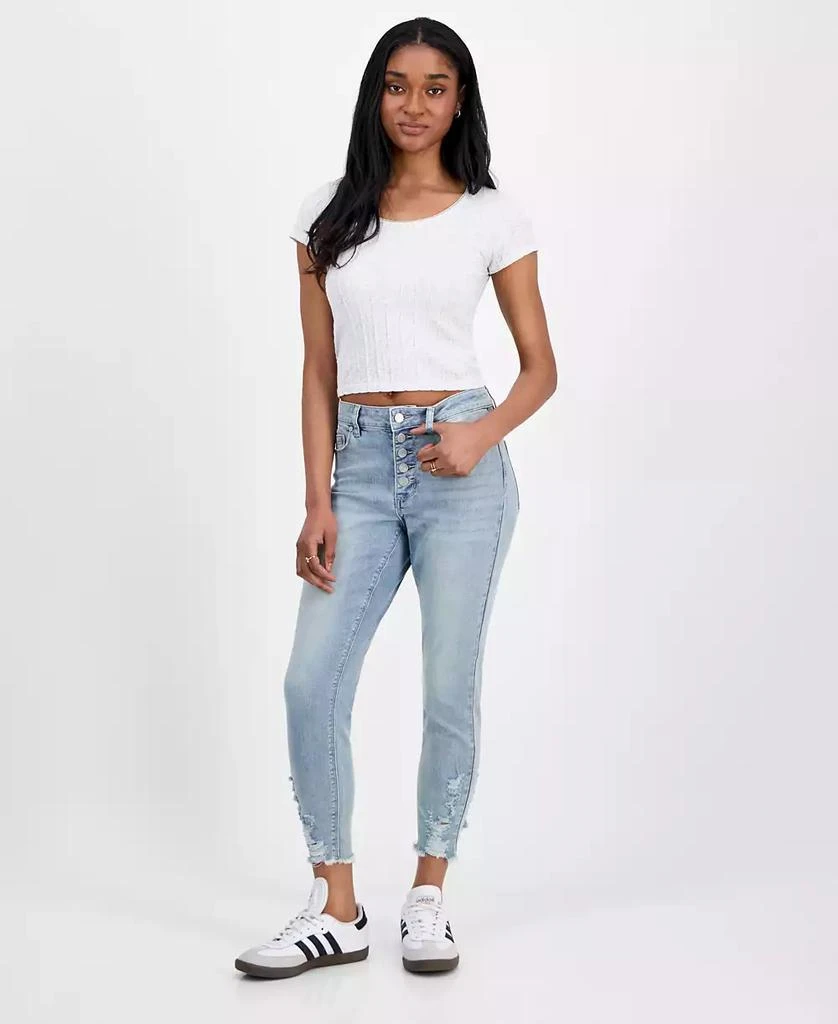 Indigo Rein Juniors' Mid Rise Button Fly Distressed Cropped Curvy Jeans 1