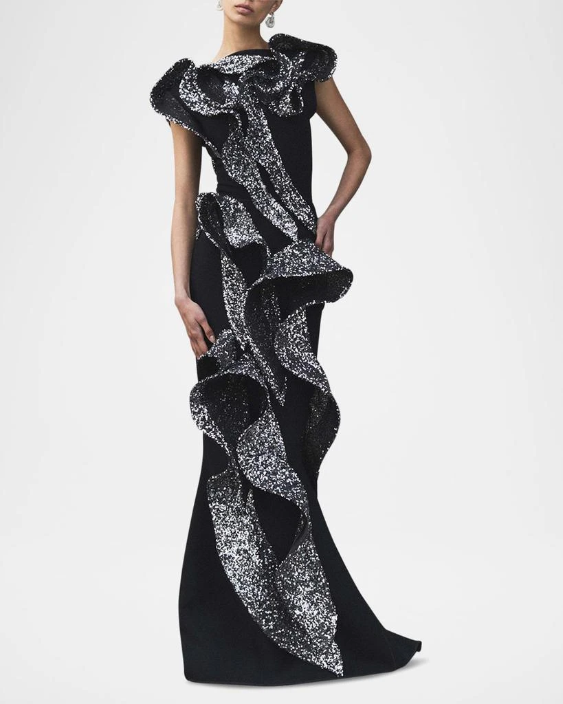 Maticevski Tantalise Wave Sequined-Ruffle Mermaid Gown 4