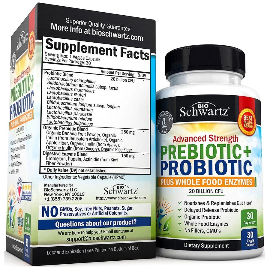 BioSchwartz Advanced Strength Prebiotic + Probiotic Veggie Capsules Plus Whole Food Enzymes 2