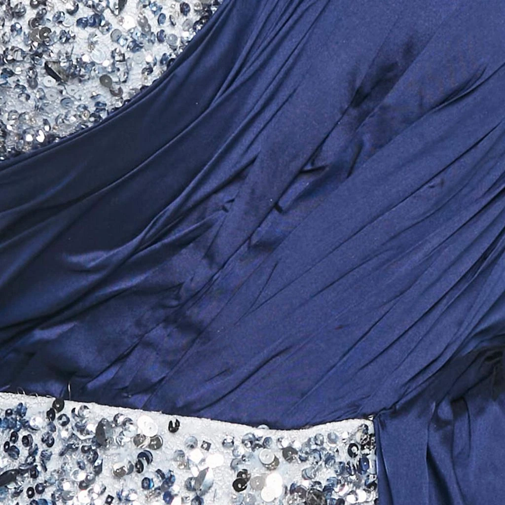 Amelie Baku Amelie Baku Blue Sequin Embellished Satin Draped One Shoulder Gown S 4