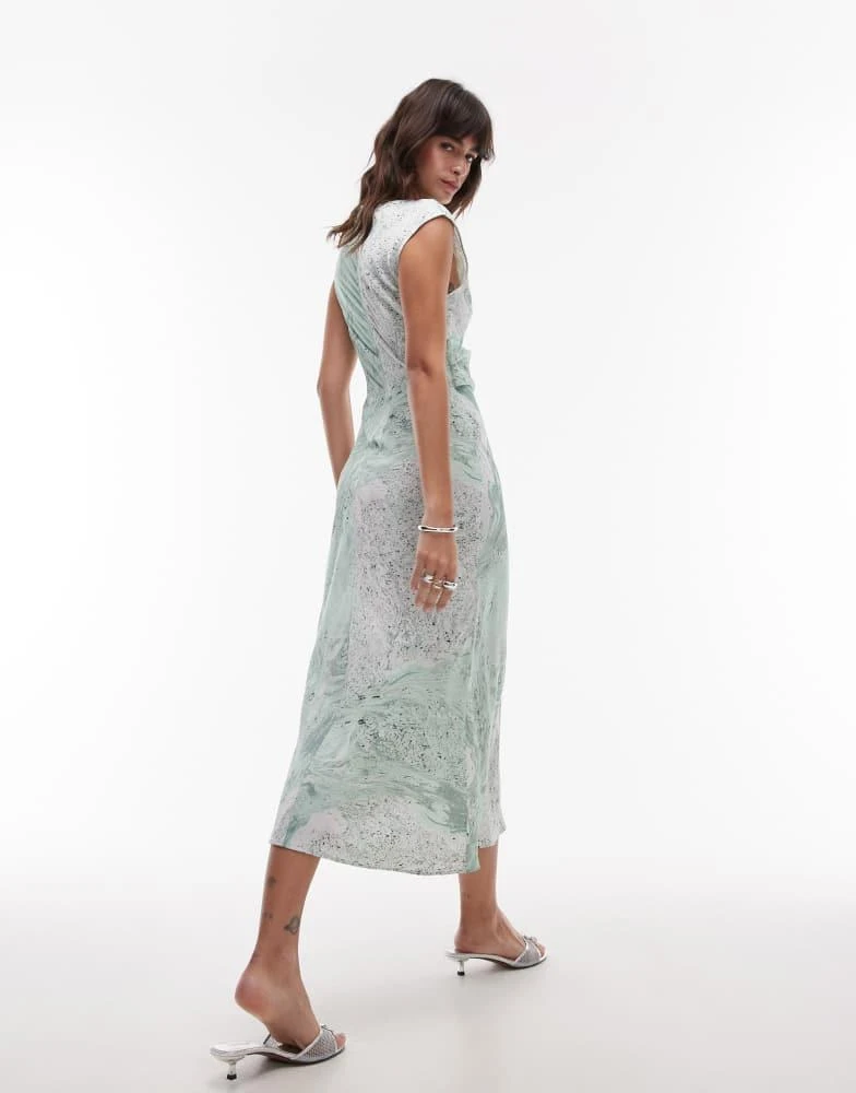 & Other Stories & Other Stories bias cut satin midi dress with drape detail in green oil print 4