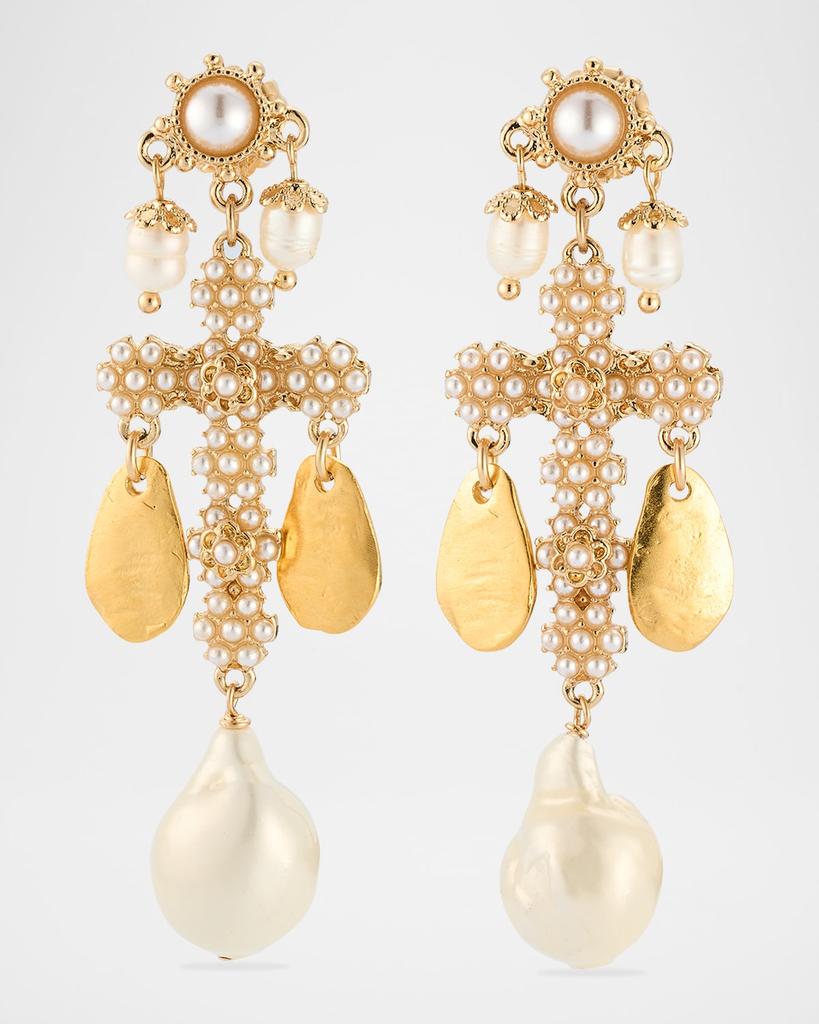 Devon Leigh White Pearl Gold Leaf Cross Post Earrings