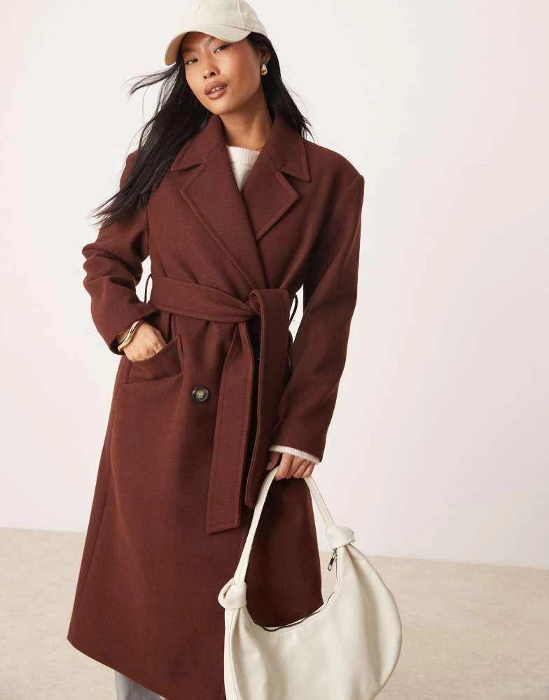 Miss Selfridge Miss Selfridge Petite belted wrap formal coat in chocolate 1
