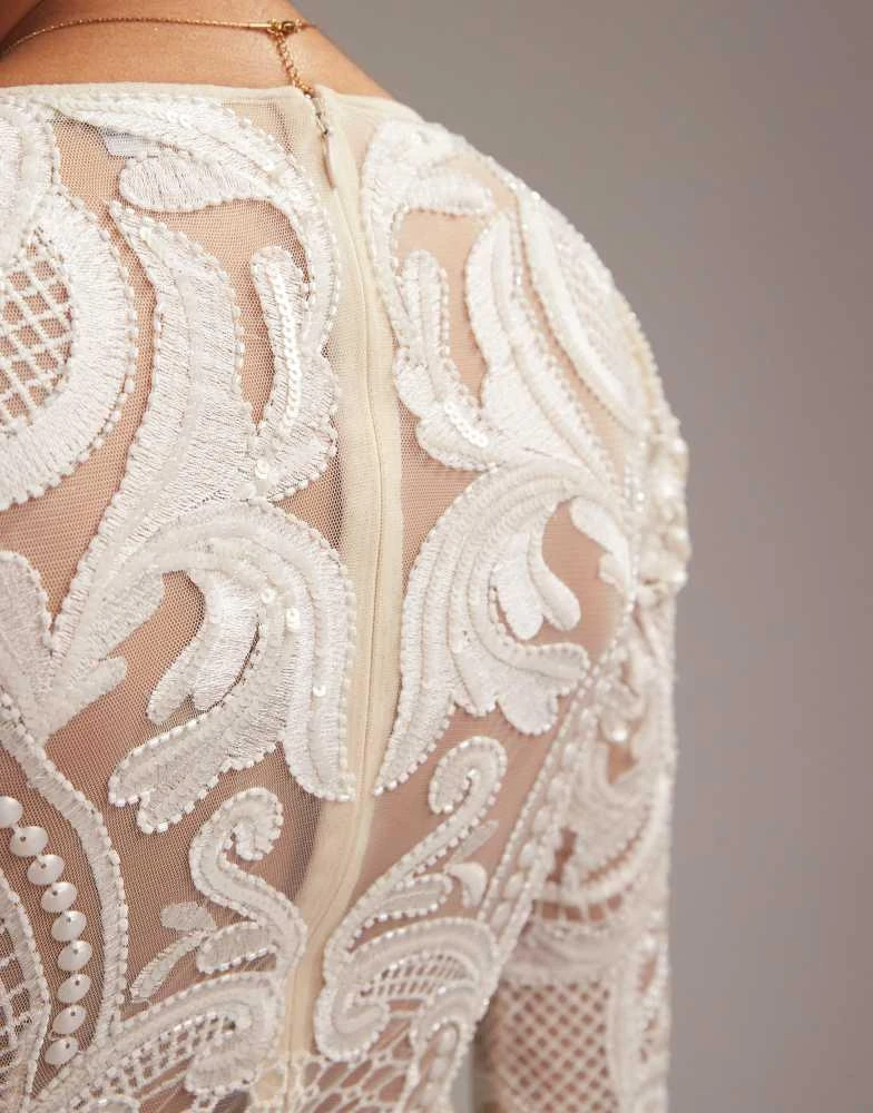 ASOS ASOS DESIGN embroidered plunge long sleeve maxi wedding dress in ivory 4