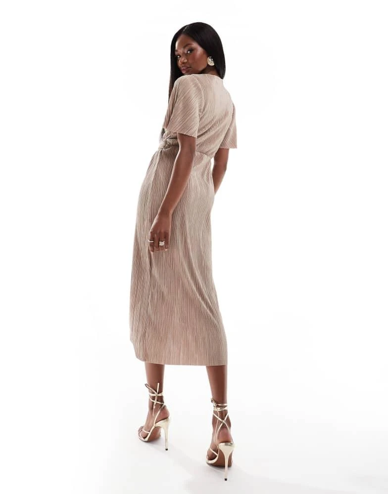 AX Paris AX Paris plisse short sleeve wrap midi dress with ring detail in taupe 4