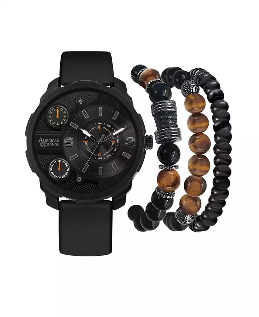 American Exchange Men's Black Rubber Strap Analog Watch 55mm with Stackable Bracelets Gift Set 1
