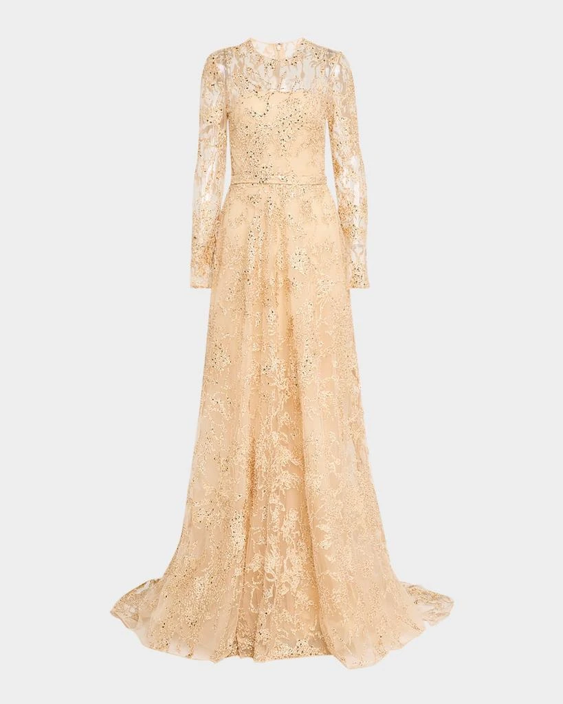 Pamella Roland Sequin Embroidered Tulle Long-Sleeve Illusion Gown 1
