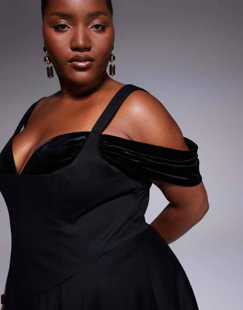 asos plus size black dresses ASOS LUXE Curve midi dress with full skirt and velvet inserts in Black