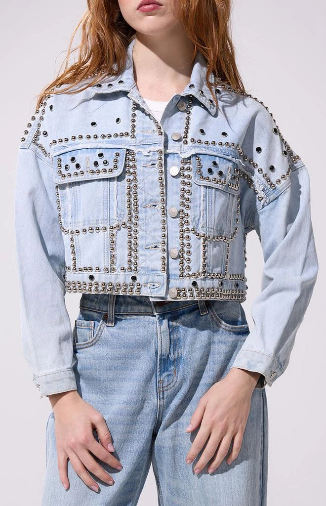 AZALEA WANG Jazella Light Blue Studded Cropped Denim Jacket 2