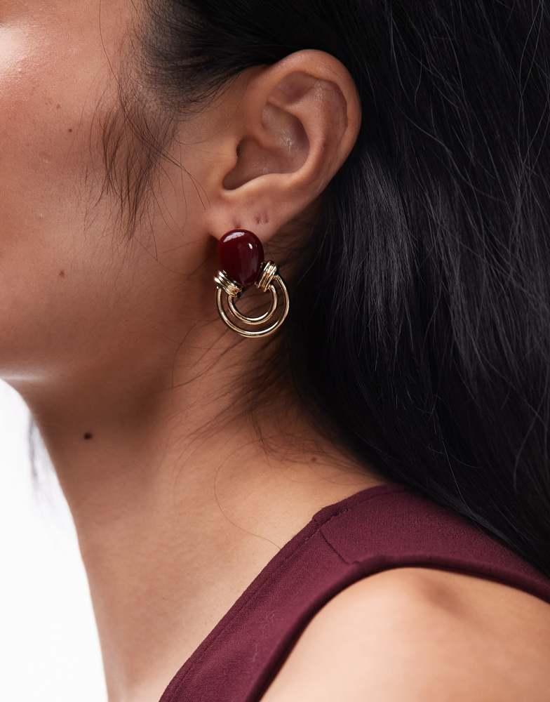 Topshop Topshop Bryony door knocker stud earrings with stone in gold and burgundy