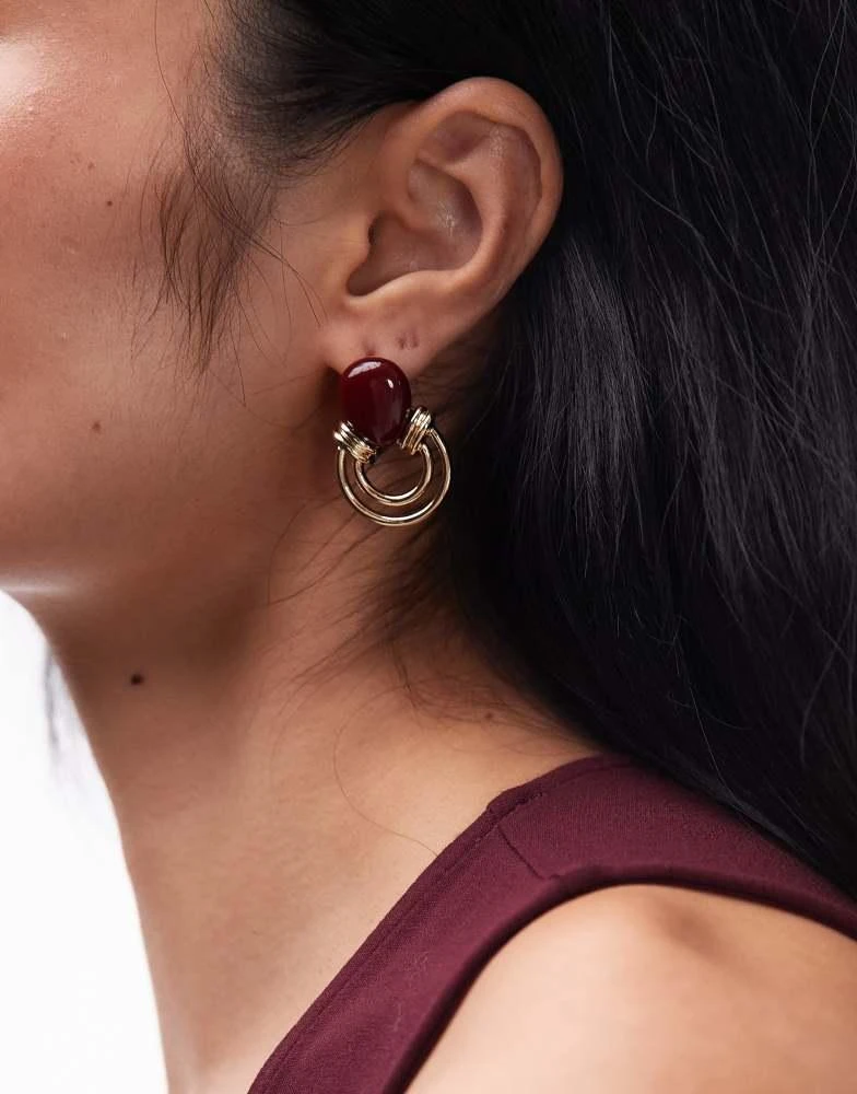Topshop Topshop Bryony door knocker stud earrings with stone in gold and burgundy 1