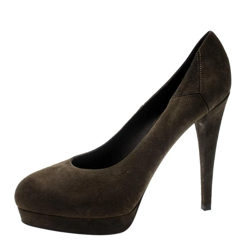 Yves Saint Laurent Saint Laurent Paris Olive Green Suede Platform Pumps 38 2