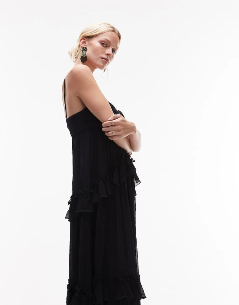 Mango Mango featuring Kaia Gerber premium bandeau ruffle tiered detail maxi dress in black 4