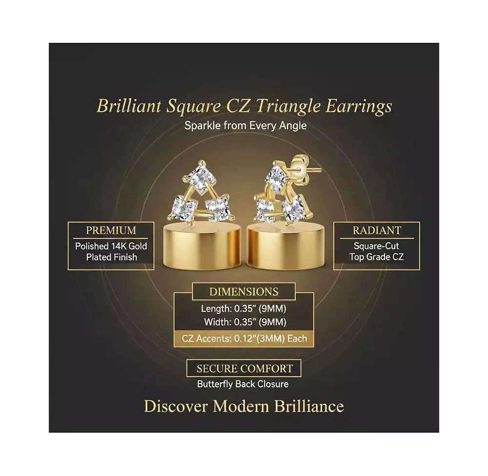 Rachel Glauber Brilliant Square CZ Triangle Earrings in 14K Gold Plated 3