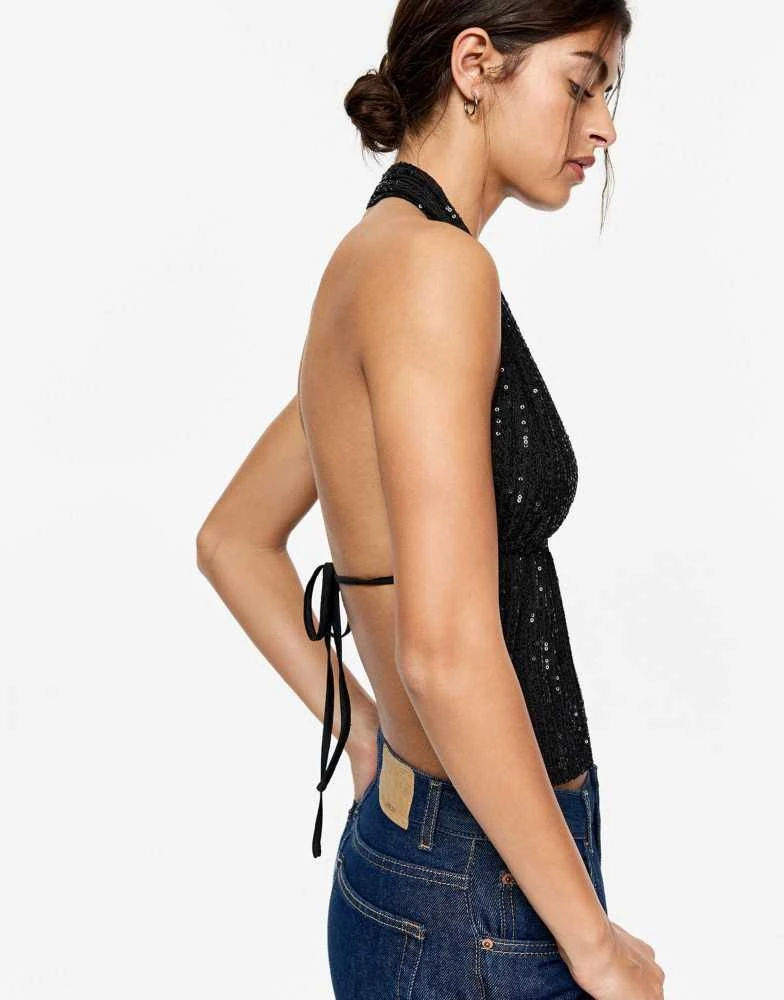 Pull&Bear Pull&Bear sequin halterneck top in black 3