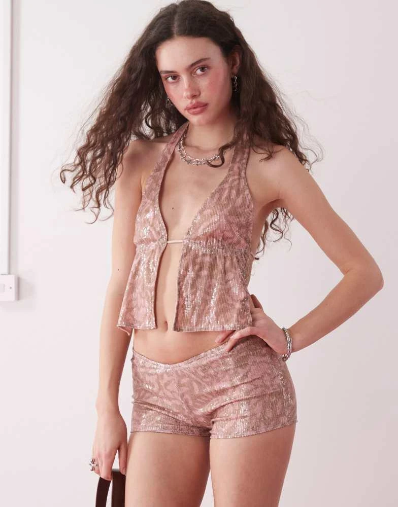 Motel Motel erna batik print sequin micro shorts in pink 2