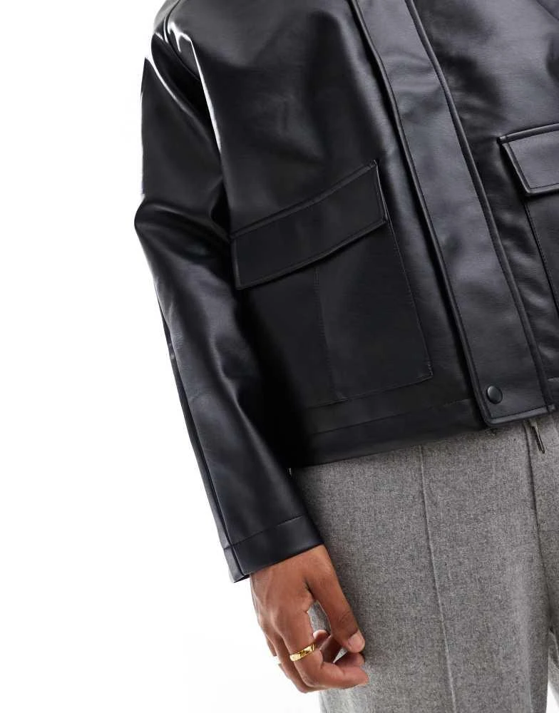 ASOS ASOS DESIGN faux leather jacket with funnel neck in black 2
