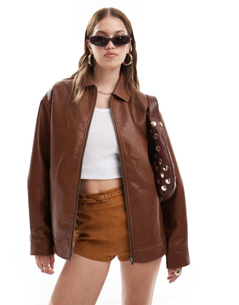 Miss Selfridge Miss Selfridge washed faux leather oversized bomber jacket in chestnut 1