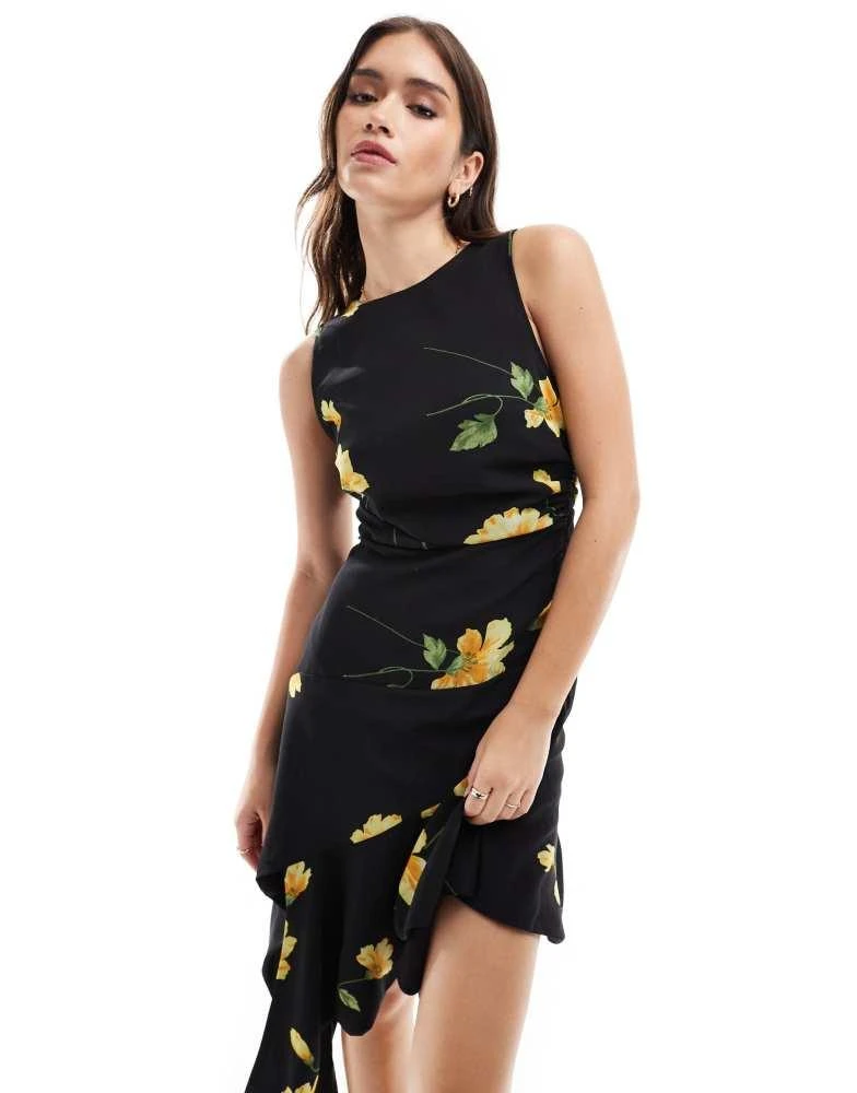 ASOS ASOS DESIGN asymmetric frill hem midi dress in black and yellow floral print