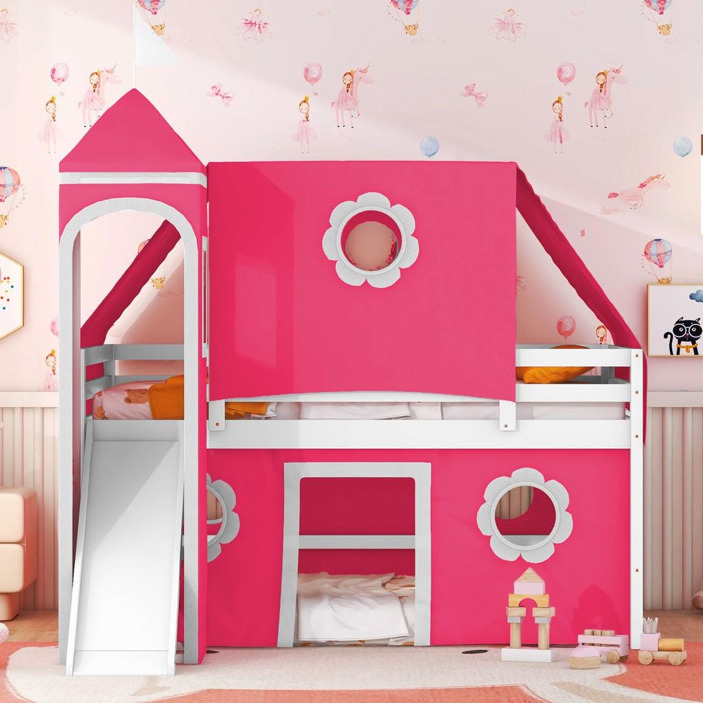 Streamdale Furniture Streamdale Full Size Loft Bed with Slide Pink Tent and Tower - Pink