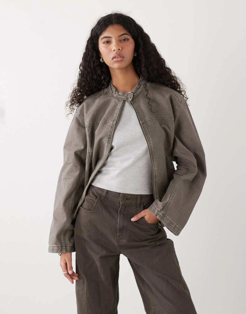 Weekday Weekday washed canvas zip through jacket in khaki