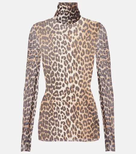 Ganni Leopard-print mesh turtleneck top 1