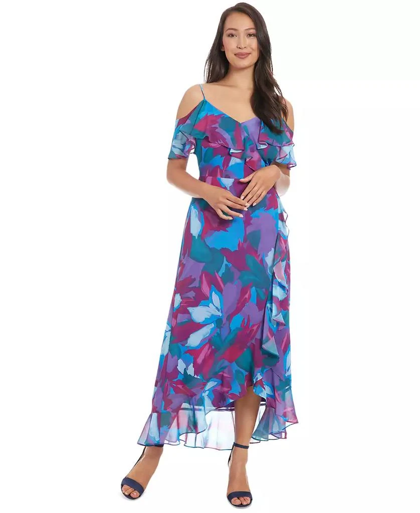 London Times Petite Printed Cold-Shoulder Ruffle Chiffon Dress 1