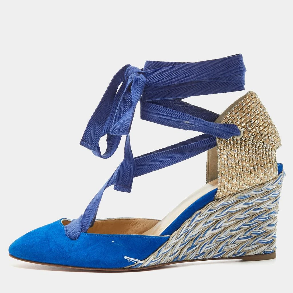 Christian Louboutin Christian Louboutin Blue/Gold Raffia and Suede Wedge Pumps Size 36 1