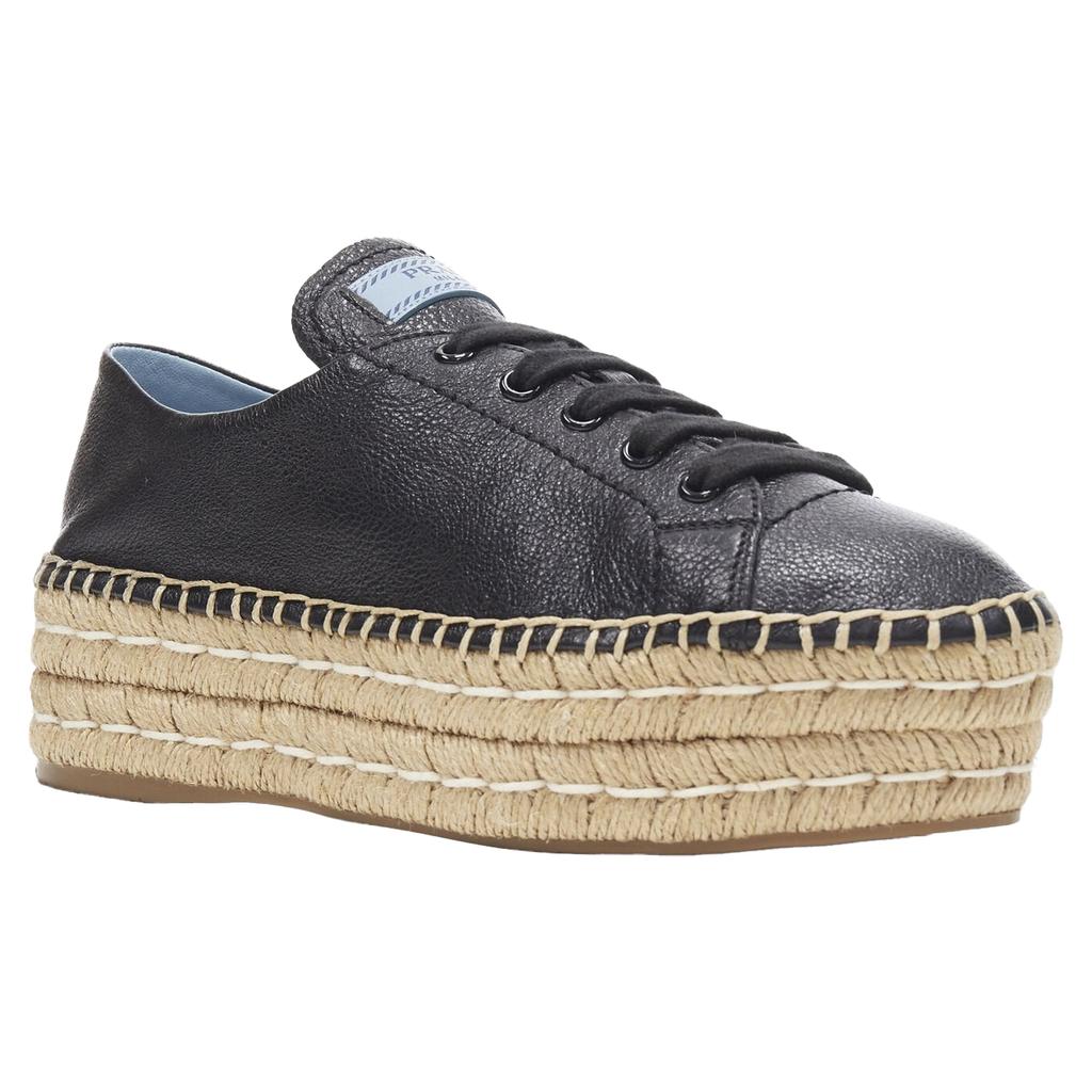 Prada Leather Signature Tab Double Jute Platform Espadrille