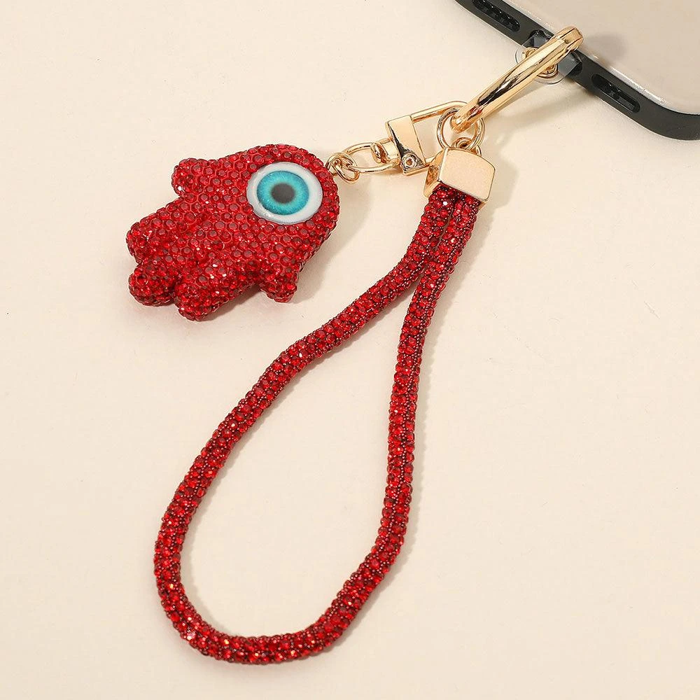 FASHNZFAB Bling Studded Evil Eye Hamsa Hand Charm Keychain Bag Charm Phone Holder 7" L, 1.5" X 2"