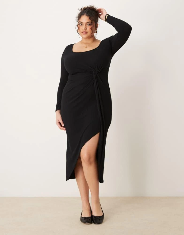 New Look Plus New Look Curve long sleeve knot front midi dress in black 3