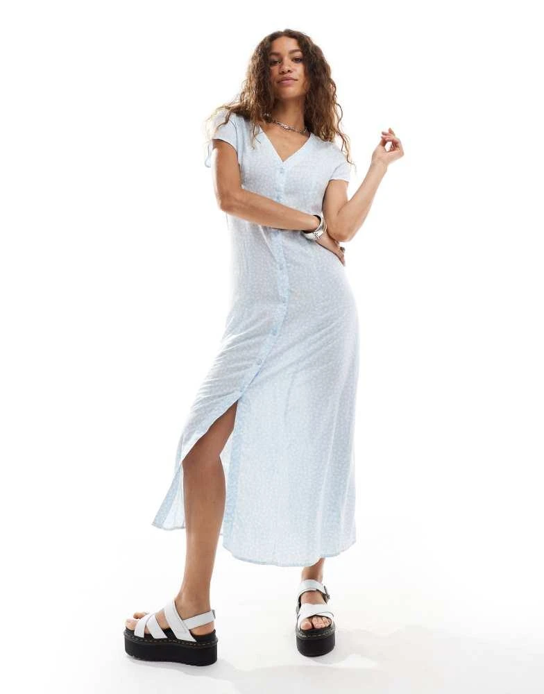 Monki short sleeve button front midi dress in blue ditsy flower