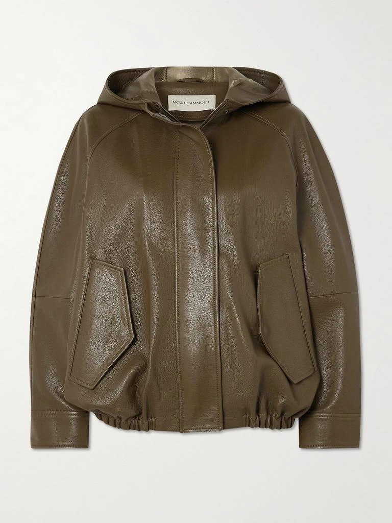 Nour Hammour Hooded Textured-leather Bomber Jacket - Army green