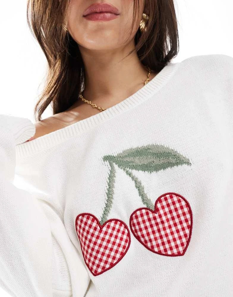 HOLLISTER Hollister off shoulder cherry motif jumper in white 2