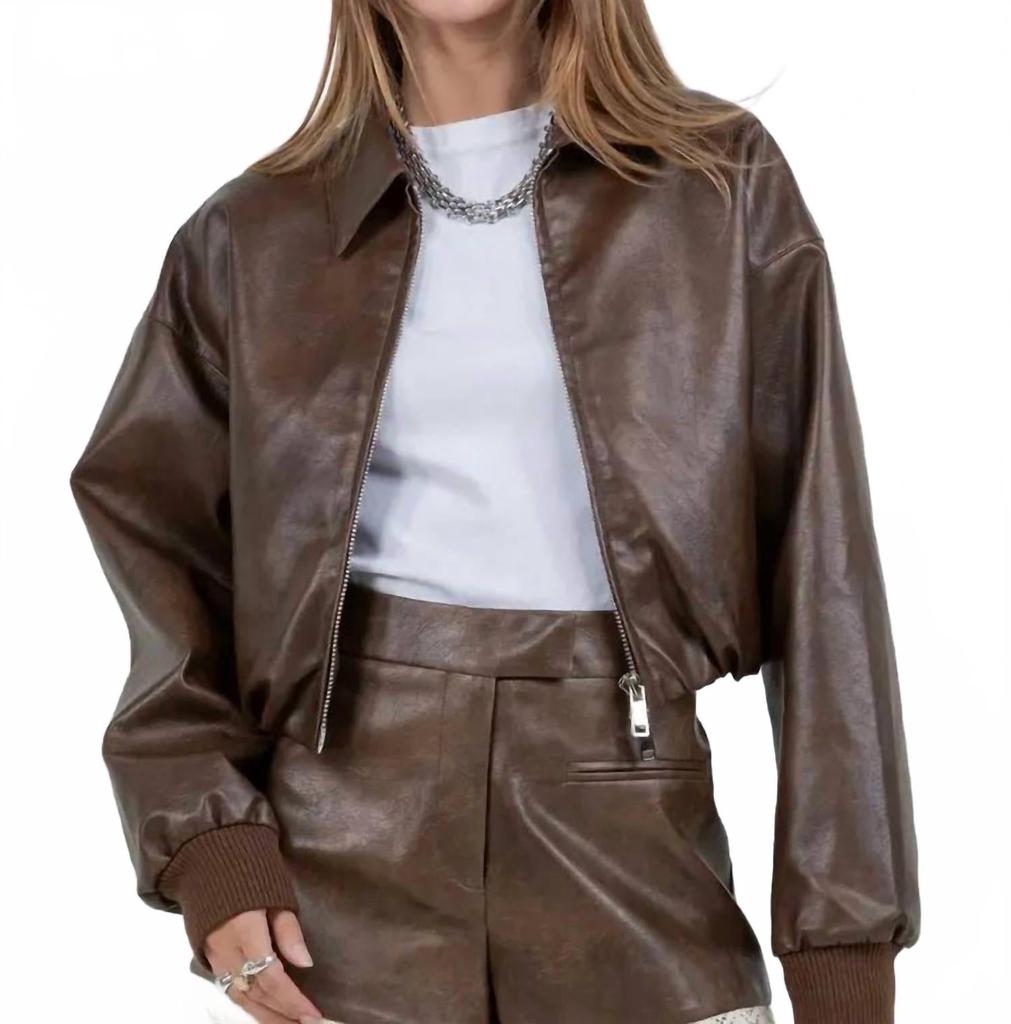 Alo Faux Leather Power Hour Full Zip Cropped Jacket - Espresso