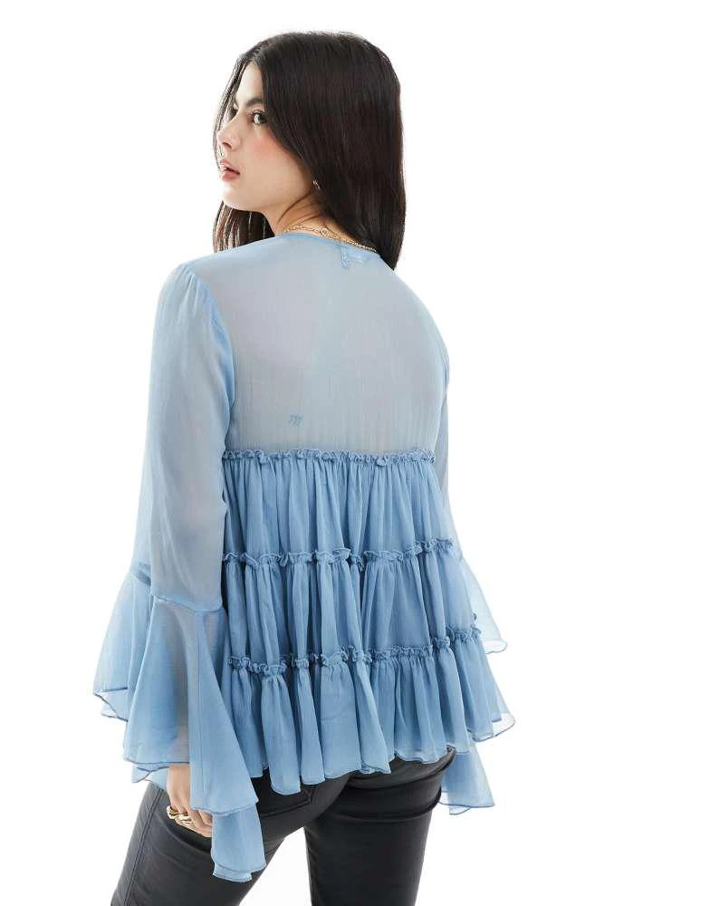 ASOS ASOS DESIGN tie front tiered blouse with ruffle cuffs in blue 4
