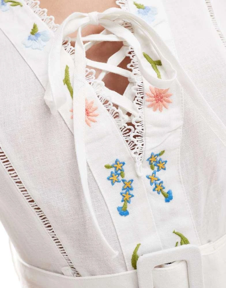 ASOS ASOS DESIGN self belt playsuit with puff sleeve and embroidery in white 3