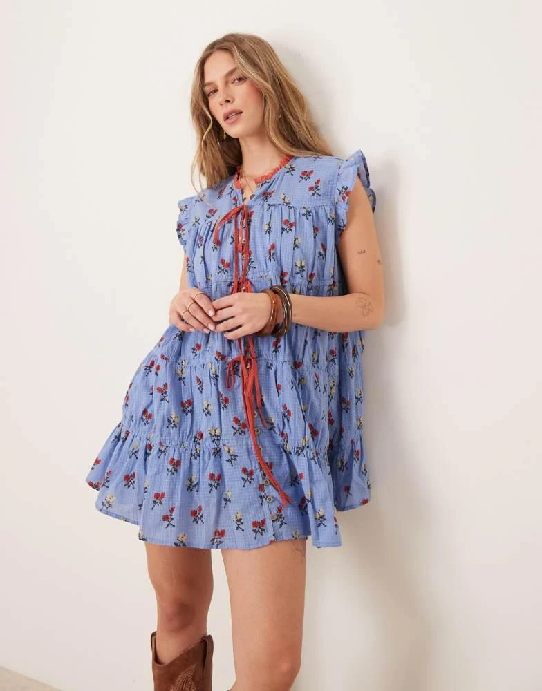 Free People Free People sundown ditsy print smock mini dress in blue 1