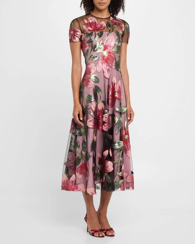 Naeem Khan Floral Matte Sequined Tulle Cap-Sleeve Cocktail Dress 4