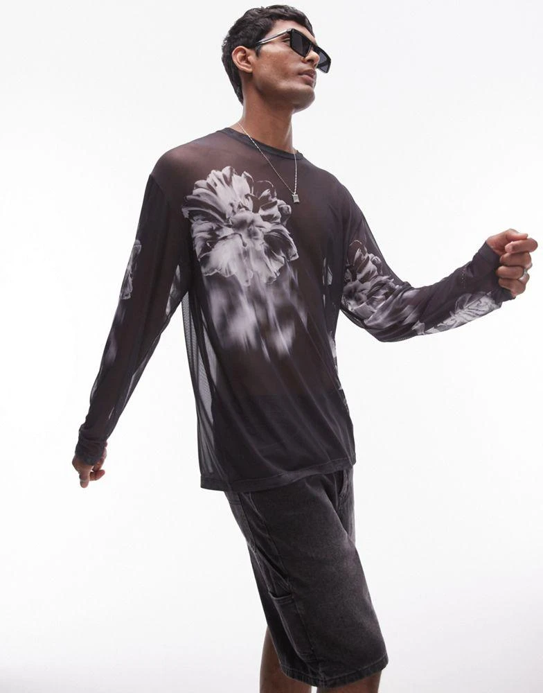 Topman Topman oversized fit long sleeve mesh t-shirt with floral print in black 1